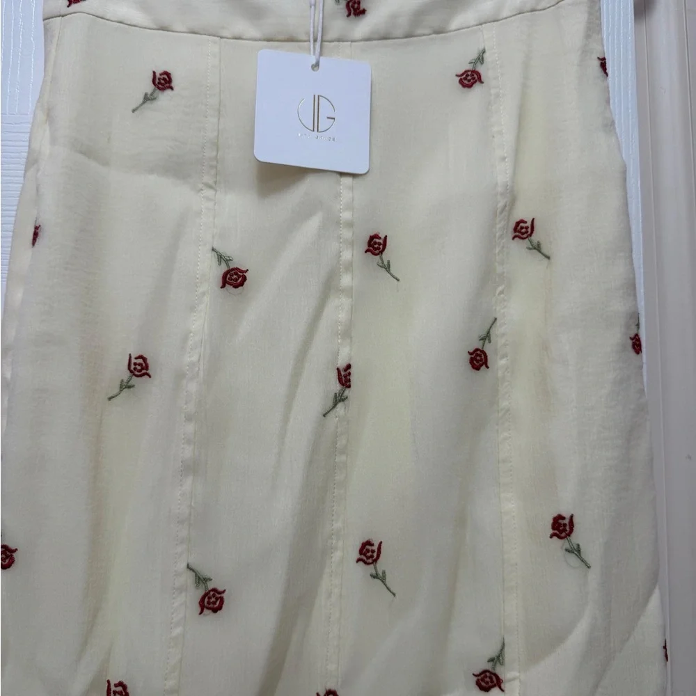 Chic Sheer Blouse with Red Floral Accents and skirt - Picture 7 of 7